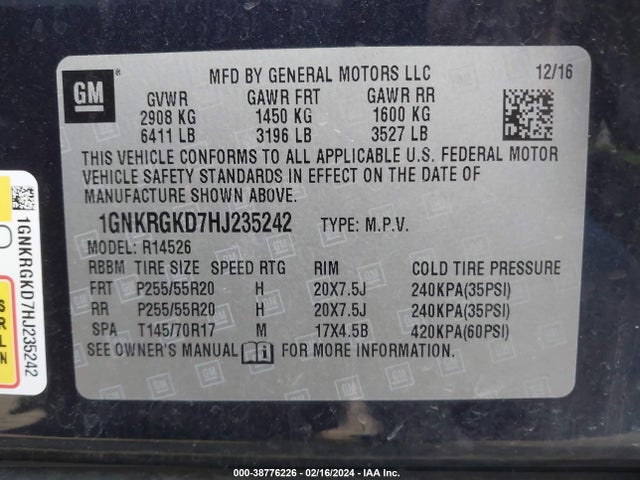 Chevrolet Traverse 1lt 2017 1GNKRGKD7HJ235242 Image 9