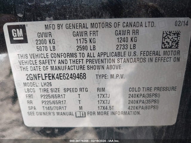 Chevrolet EQUINOX 1LT 2014 2GNFLFEK4E6249468 Image 9
