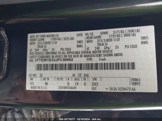 1FTEW1E53JFC99982 Ford F-150 Platinum
