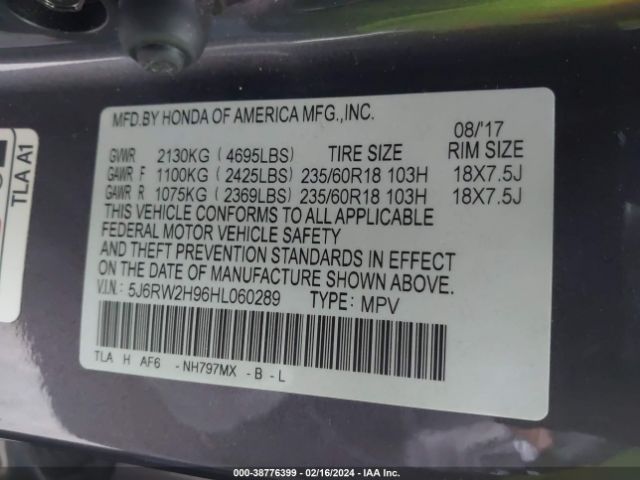 5J6RW2H96HL060289 Honda Cr-v Touring