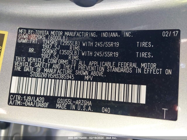 Toyota Highlander Limited Platinum 2017 5TDDZRFH5HS385945 Image 9
