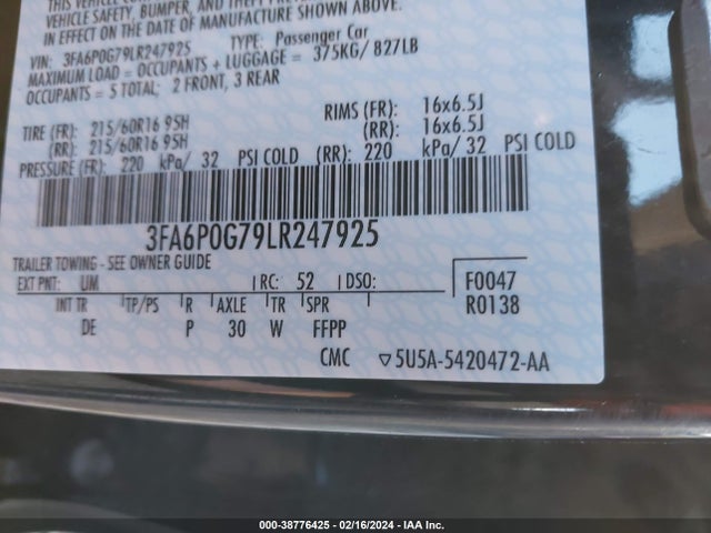 Ford FUSION S 2020 3FA6P0G79LR247925 Image 9