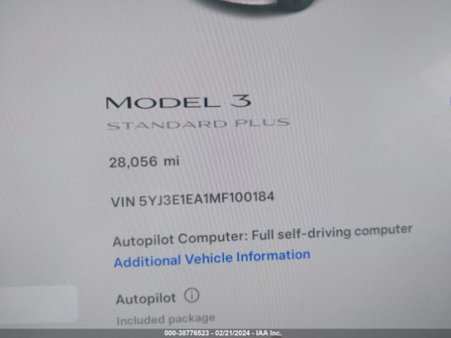 5YJ3E1EA1MF100184 Tesla Model 3 Standard Range Plus Rear-wheel Drive
