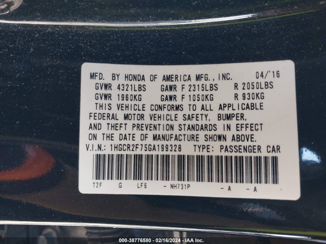 Honda ACCORD EX 2016 1HGCR2F75GA199328 Image 9
