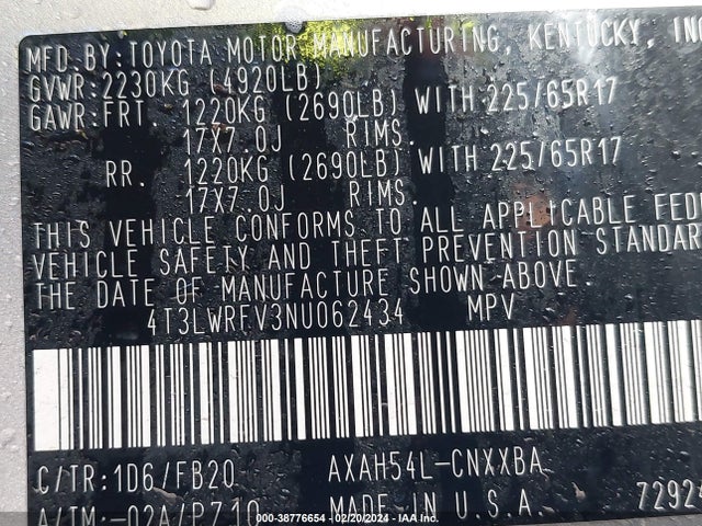 2022 TOYOTA RAV4 LE HYBRID VIN: 4T3LWRFV3NU062434