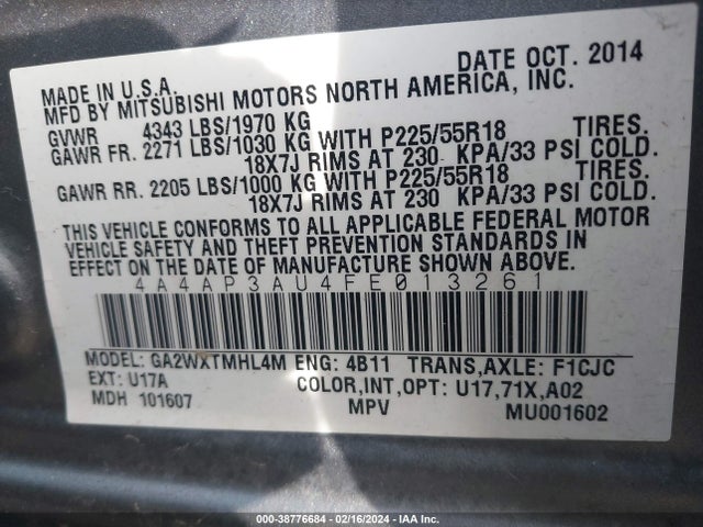 Mitsubishi Outlander Sport Es 2015 4A4AP3AU4FE013261 Image 9