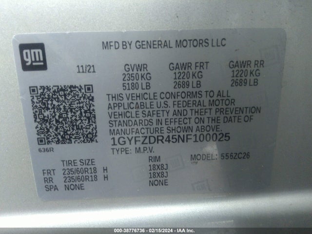 1GYFZDR45NF100025 Cadillac Xt4 Awd Premium Luxury
