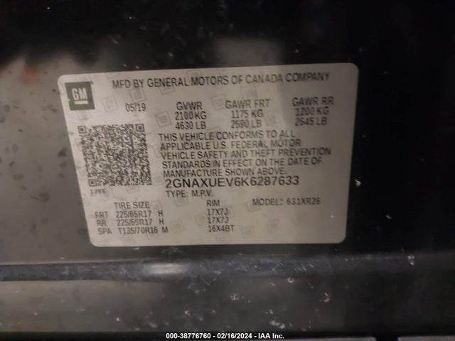 Chevrolet EQUINOX LT 2019 2GNAXUEV6K6287633 Image 9