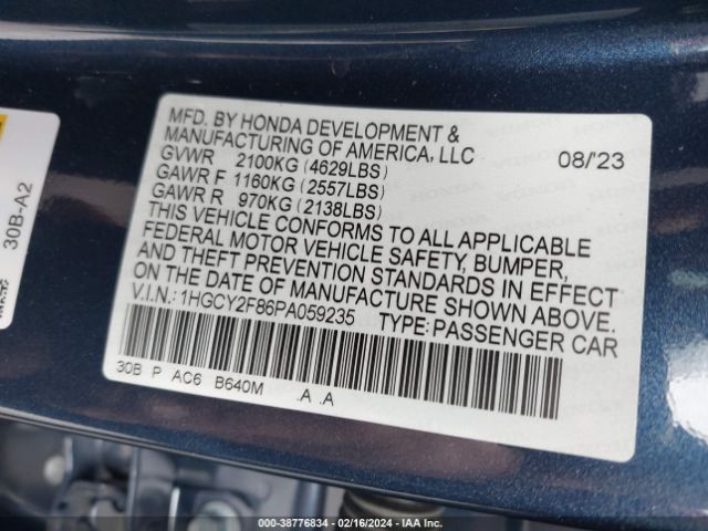 1HGCY2F86PA059235 Honda Accord Hybrid Touring