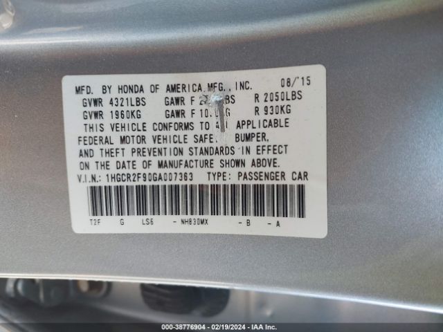 1HGCR2F90GA007363 Honda Accord Ex-l