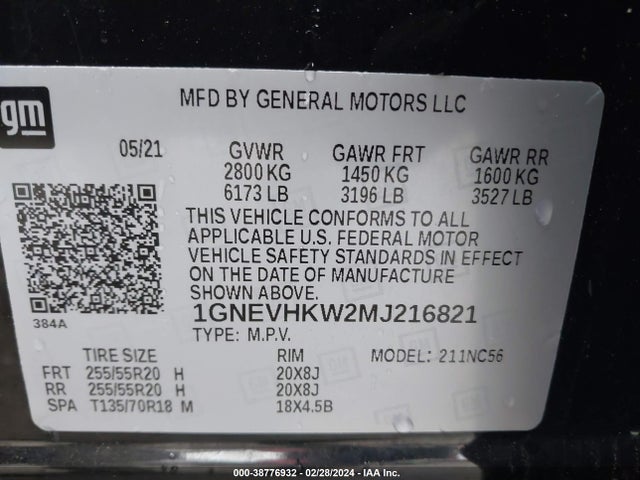 Chevrolet Traverse Awd Lt Leather 2021 1GNEVHKW2MJ216821 Image 9