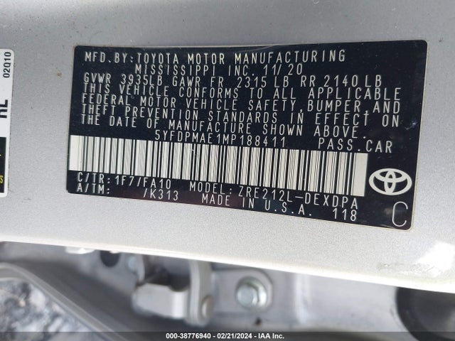 Toyota COROLLA L 2021 5YFDPMAE1MP188411 Image 9