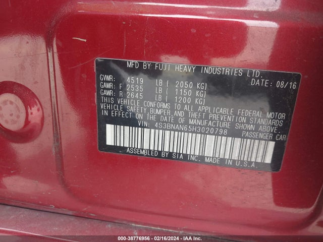Subaru Legacy 2.5i Limited 2017 4S3BNAN65H3020798 Image 9