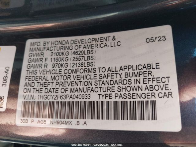 1HGCY2F63PA040933 Honda Accord Hybrid Ex-l