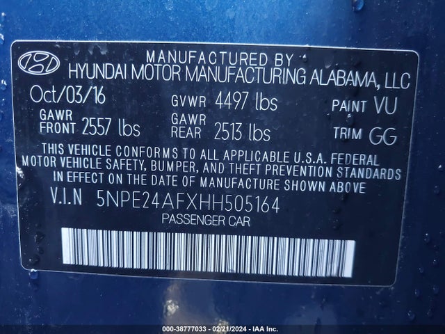 2017 HYUNDAI SONATA SE VIN: 5NPE24AFXHH505164
