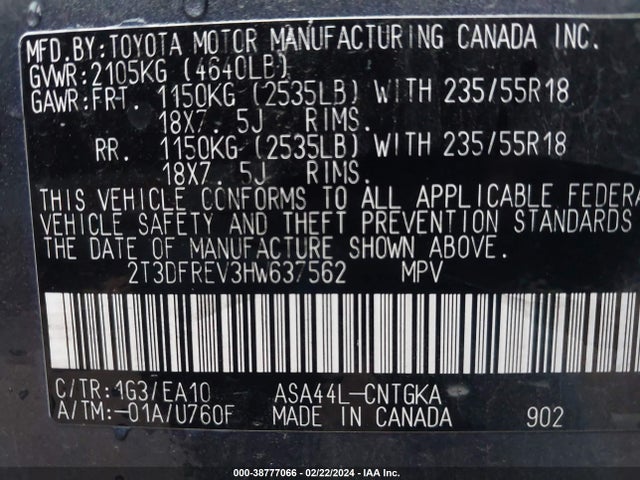 2017 TOYOTA RAV4 LIMITED VIN: 2T3DFREV3HW637562