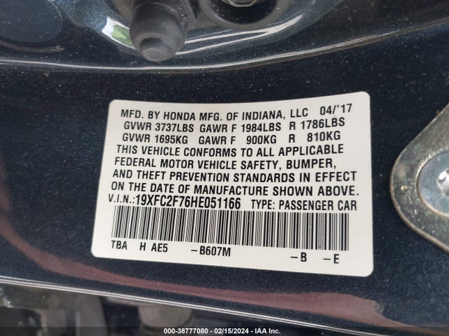 Honda CIVIC EX 2017 19XFC2F76HE051166 Image 9