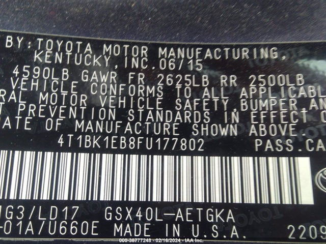 Toyota AVALON XLE 2015 4T1BK1EB8FU177802 Image 9