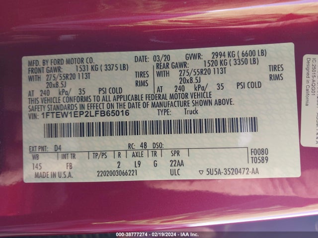 Ford F-150 Xlt 2020 1FTEW1EP2LFB65016 Image 9