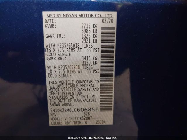 5N1DR2BM6LC606856 Nissan Pathfinder Sv 4wd