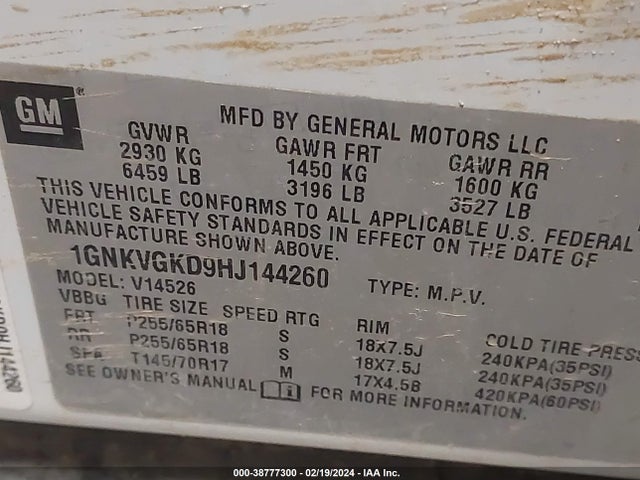 Chevrolet Traverse 1lt 2017 1GNKVGKD9HJ144260 Image 9