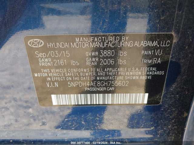 2016 HYUNDAI ELANTRA SE VIN: 5NPDH4AE8GH755602