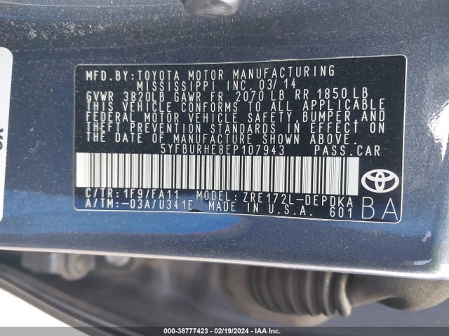 Toyota COROLLA L 2014 5YFBURHE8EP107943 Image 9