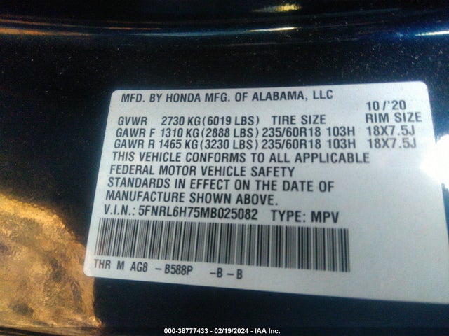 Honda Odyssey Ex-l 2021 5FNRL6H75MB025082 Image 9