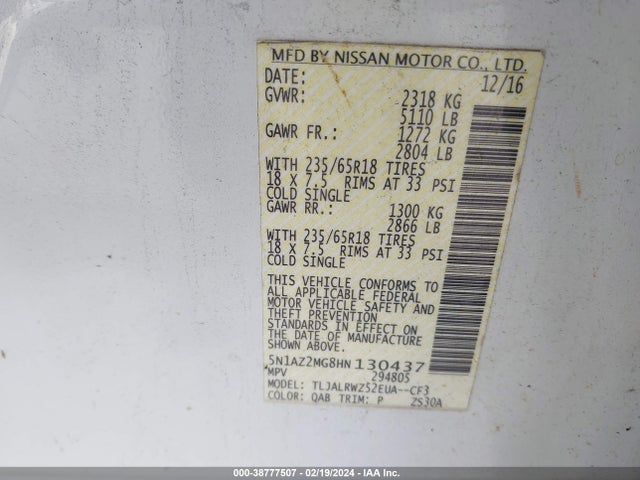 Nissan MURANO SL 2017 5N1AZ2MG8HN130437 Image 9