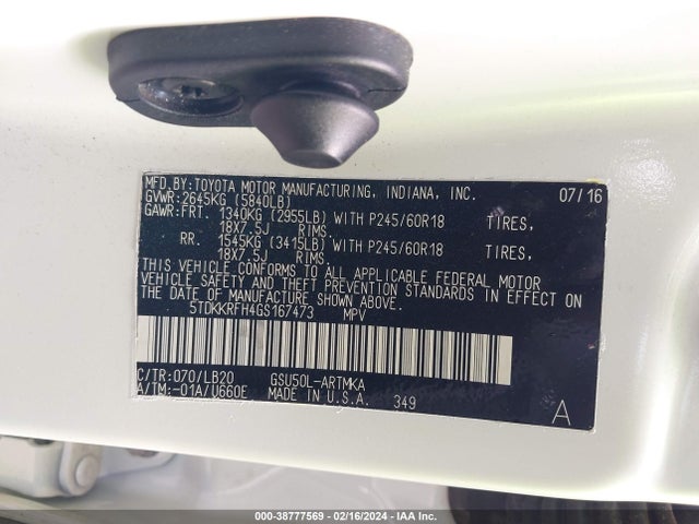 Toyota Highlander Xle V6 2016 5TDKKRFH4GS167473 Image 9