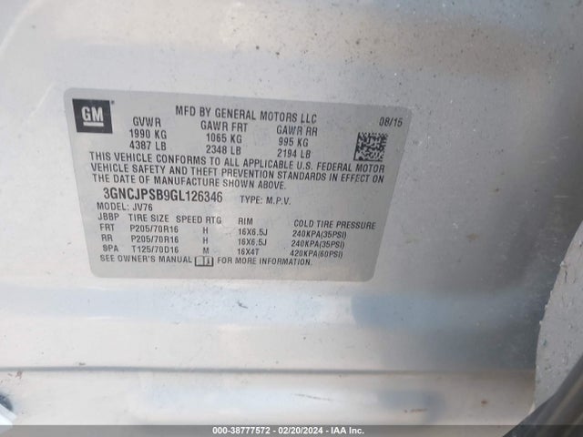 Chevrolet Trax Lt 2016 3GNCJPSB9GL126346 Image 9