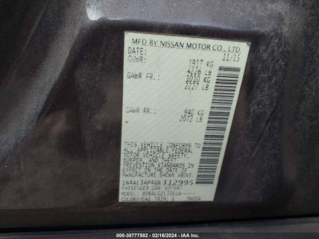 1N4AL3AP4GN312995 Nissan Altima 2.5/2.5 S/2.5 Sl/2.5 Sr/2.5 Sv