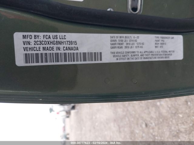 2C3CDXHG8NH173915 Dodge Charger Gt Rwd