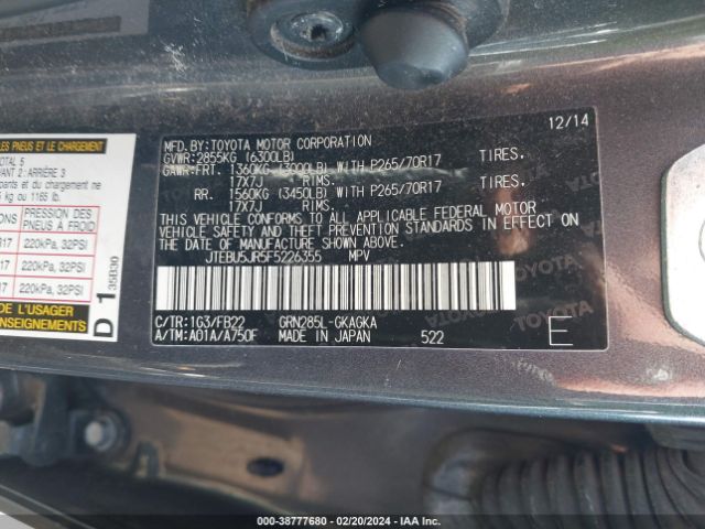 2015 TOYOTA 4RUNNER JTEBU5JR5F5226355 Photo 8