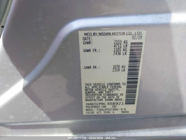 1N4BZ1CP9KC308921 Nissan Leaf Sv Plus