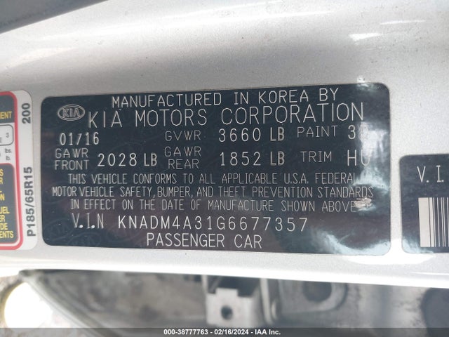 KIA RIO LX 2016 KNADM4A31G6677357 Image 9