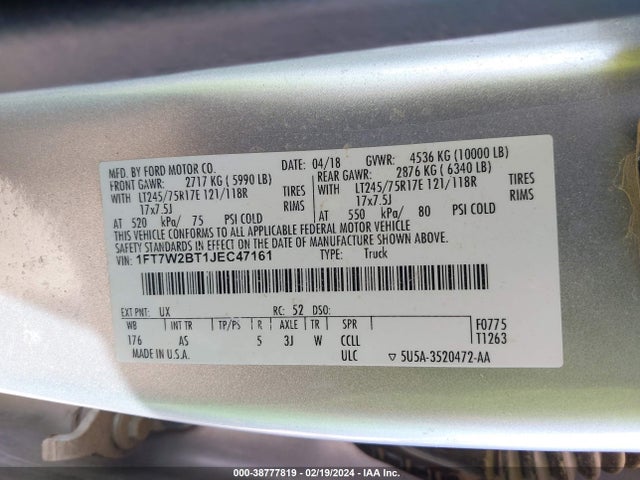 2018 FORD F-250 XL VIN: 1FT7W2BT1JEC47161
