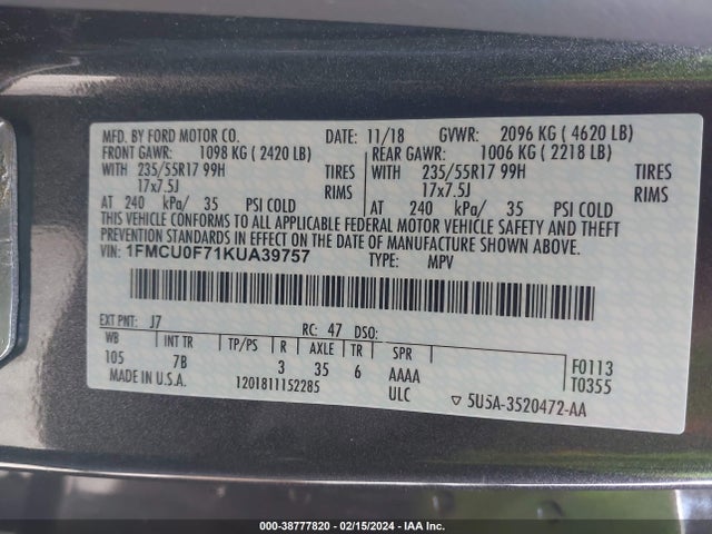 Ford ESCAPE S 2019 1FMCU0F71KUA39757 Image 9