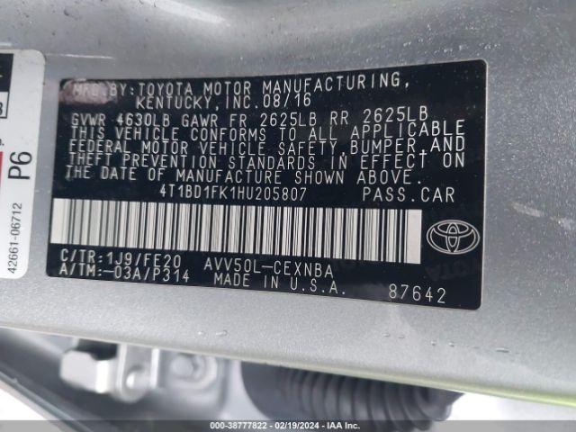 4T1BD1FK1HU205807 Toyota Camry Hybrid Le