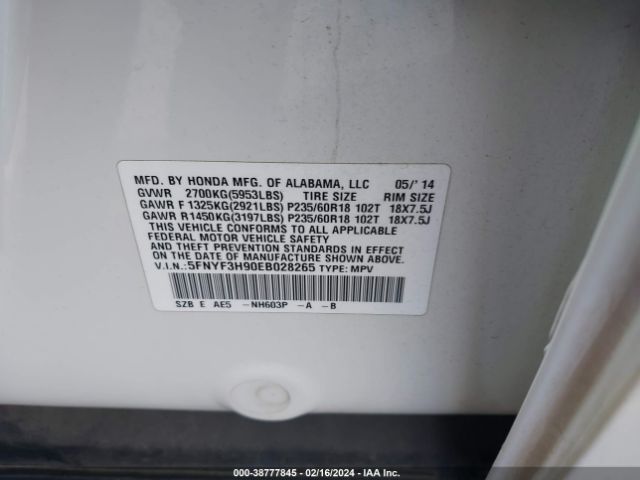 5FNYF3H90EB028265 Honda Pilot Touring