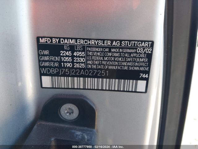 2002 MERCEDES-BENZ CL-CLASS WDBPJ75J22A027251 Photo 8