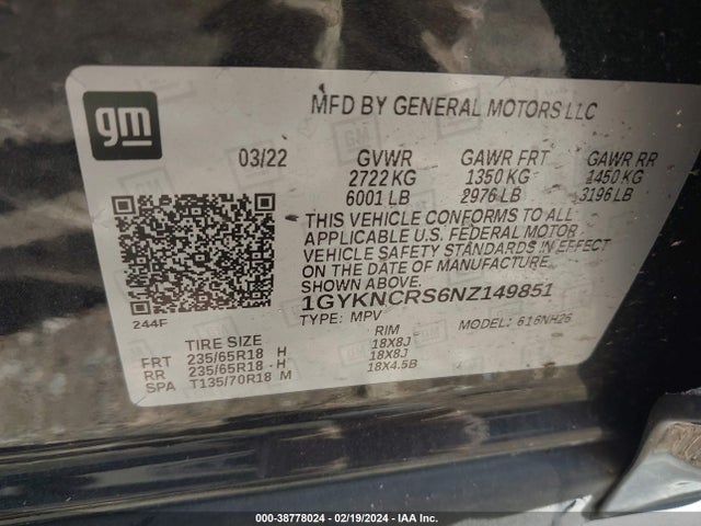 1GYKNCRS6NZ149851 Cadillac Xt5 Fwd Premium Luxury