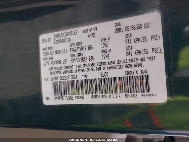 2002 DODGE RAM 1500 ST VIN: 1D7HA16K82J216664