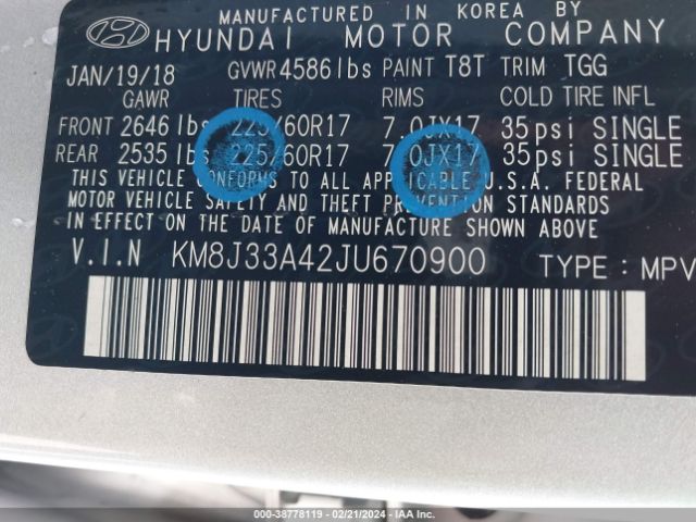 2018 HYUNDAI TUCSON KM8J33A42JU670900 Photo 8
