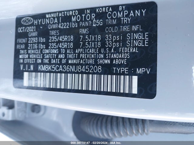 Hyundai Kona Limited 2022 KM8K5CA36NU845208 Image 9