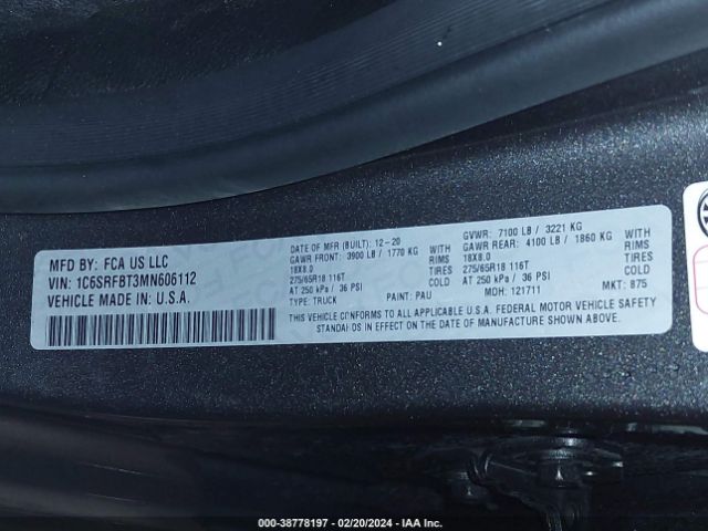 1C6SRFBT3MN606112 RAM 1500 Big Horn Quad Cab 4x4 6'4 Box