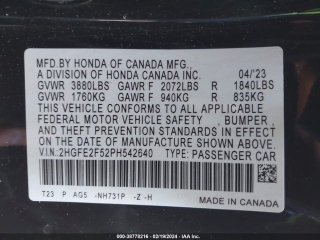 Honda Civic Sport 2023 2HGFE2F52PH542640 Image 9
