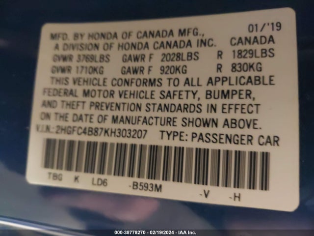 Honda Civic Sport 2019 2HGFC4B87KH303207 Image 9
