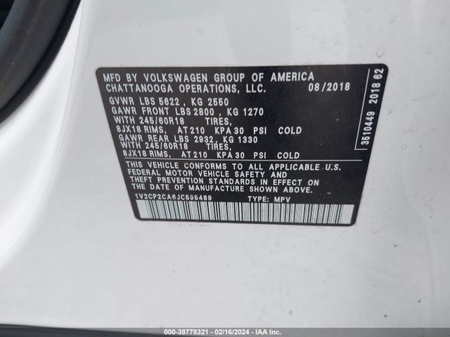 1V2CP2CA6JC595489 Volkswagen Atlas 2.0t Se