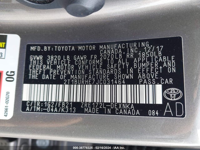 Toyota COROLLA LE 2018 2T1BURHE7JC031464 Image 9